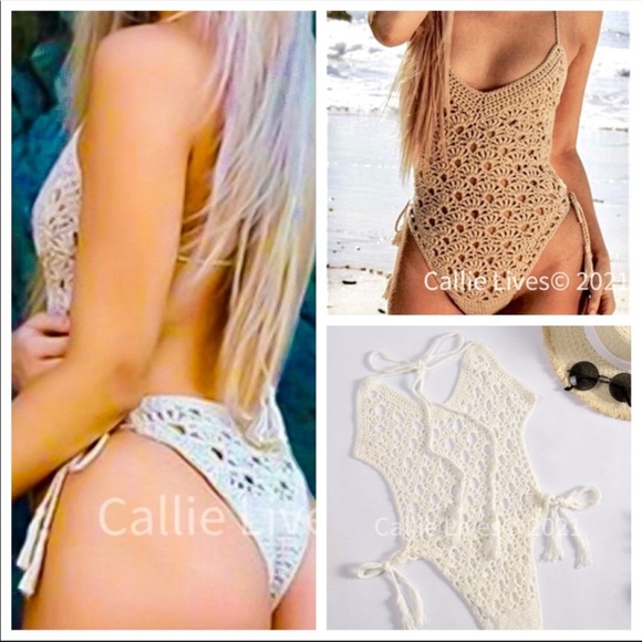 NWT Crochet Retro Sexy BoHo Chic One Piece Thong Back Bathing Swim Suit - Picture 11 of 13